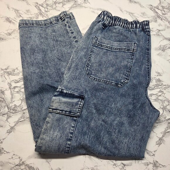 Madden Girl Extra Large Vintage Wash Elastic Waist Wide Leg Cargo Jeans - Picture 1 of 10
